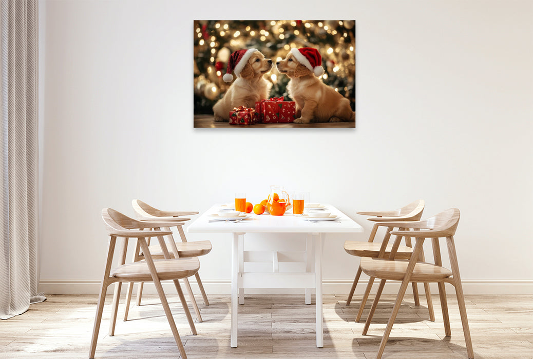 Premium Textil-Leinwand Golden Retriever - Magische Weihnachtsmomente