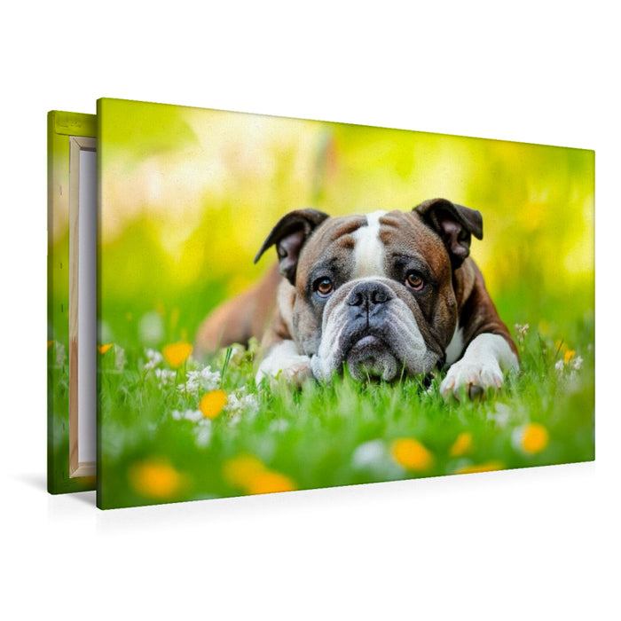 Premium Textil-Leinwand Englische Bulldogge genießt die Natur