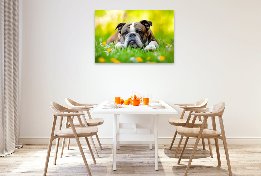 Premium Textil-Leinwand Englische Bulldogge genießt die Natur