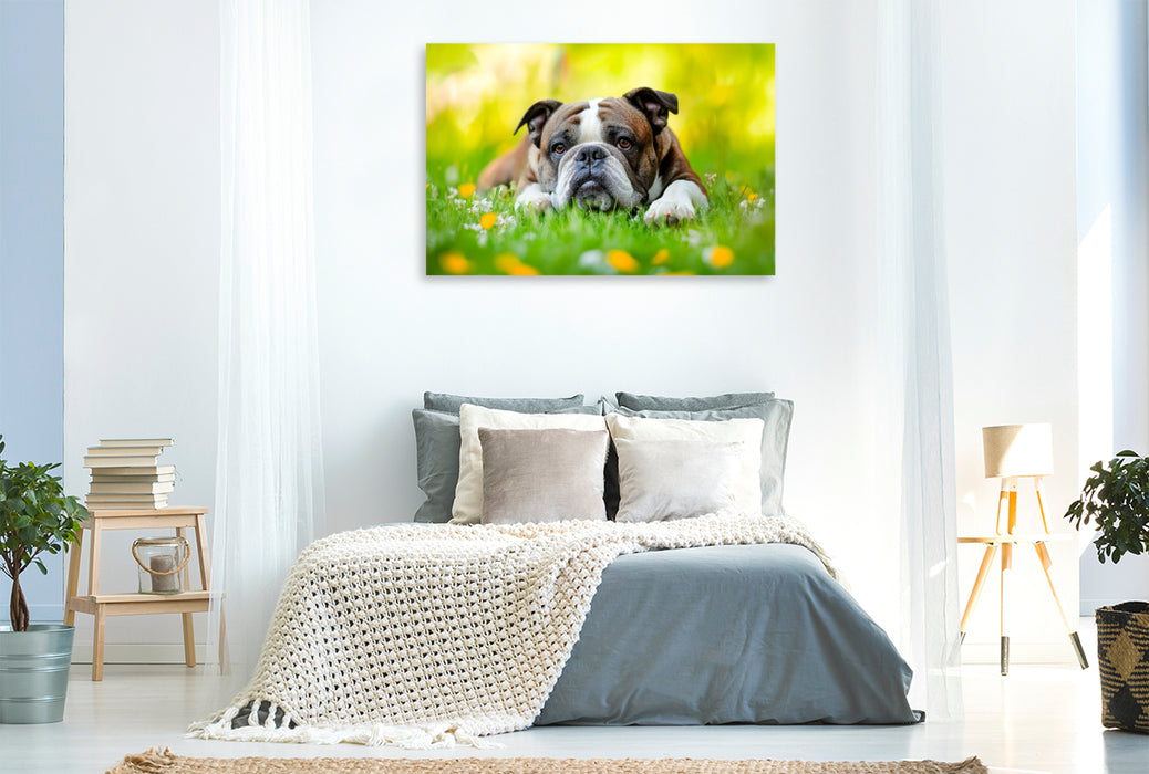 Premium Textil-Leinwand Englische Bulldogge genießt die Natur