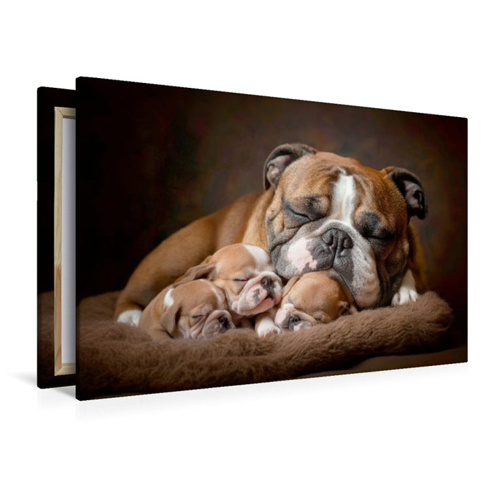 Premium Textil-Leinwand Süße Englische Bulldoggen Familie