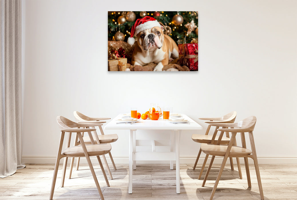 Premium Textil-Leinwand Englische Bulldogge im Weihnachtszauber