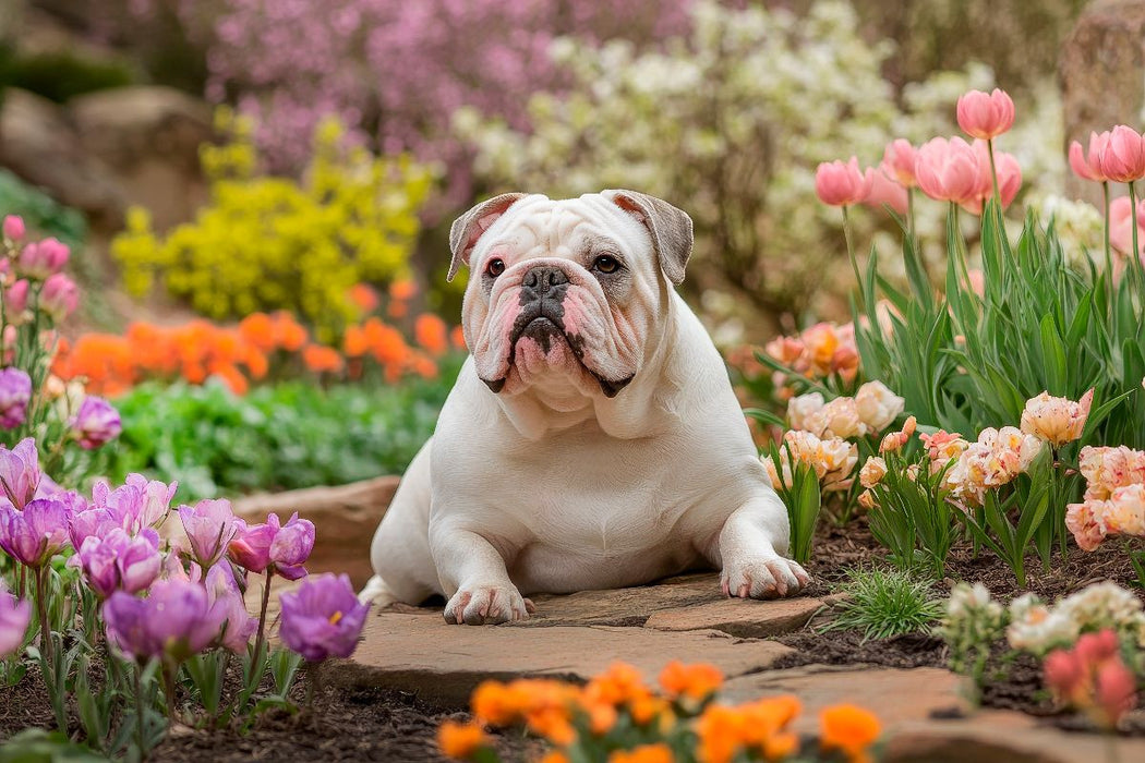 Premium Textil-Leinwand Englische Bulldogge im Frühlingsgarten