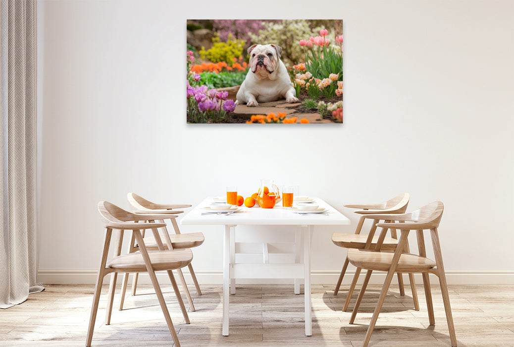 Premium Textil-Leinwand Englische Bulldogge im Frühlingsgarten