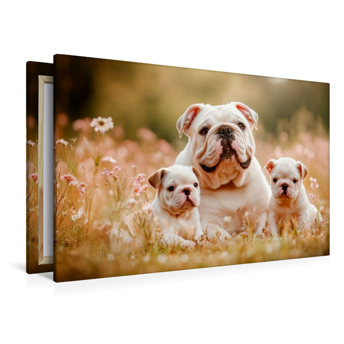 Premium Textil-Leinwand Süße Englische Bulldoggenfamilie