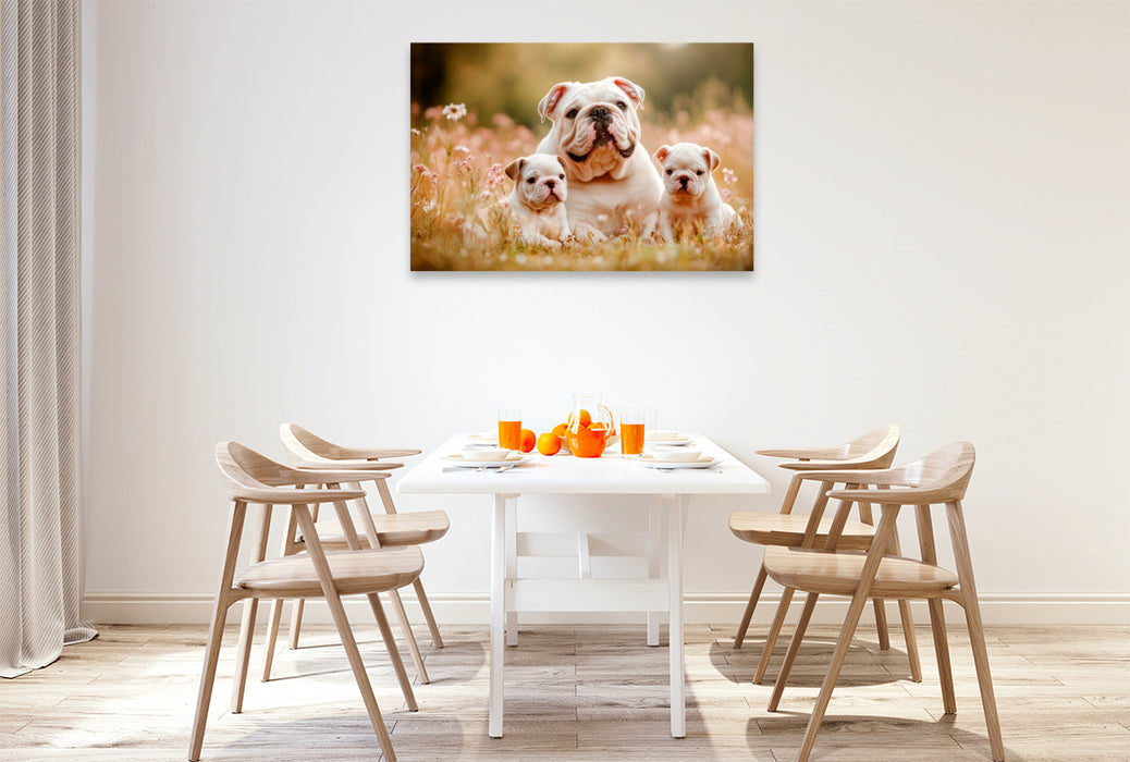 Premium Textil-Leinwand Süße Englische Bulldoggenfamilie