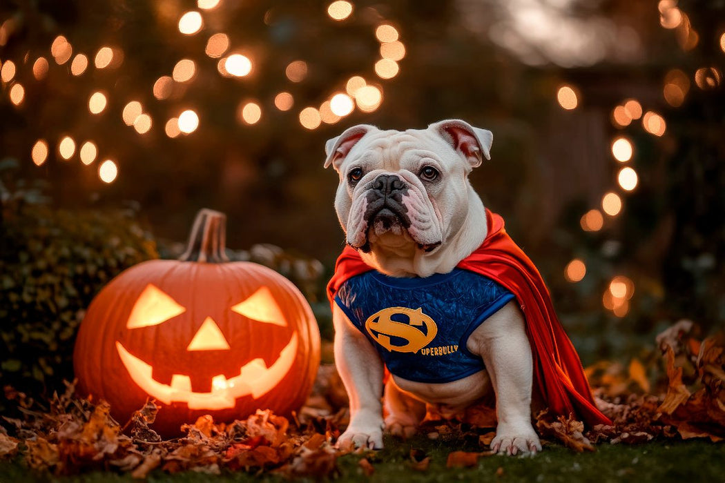 Premium Textil-Leinwand Englische Bulldogge als Halloween Superheld