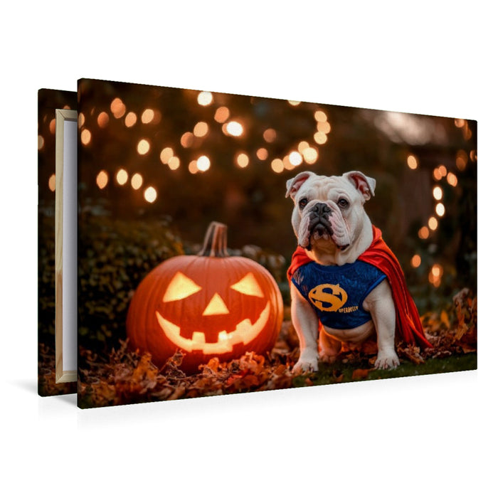 Premium Textil-Leinwand Englische Bulldogge als Halloween Superheld