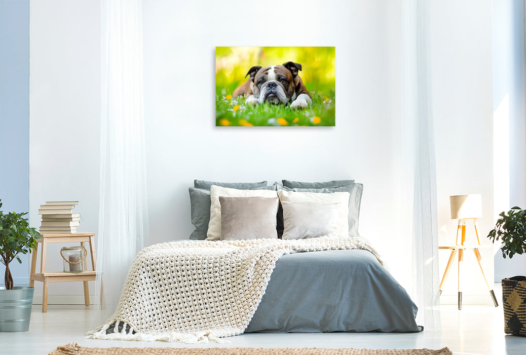 Premium Textil-Leinwand Englische Bulldogge genießt die Natur