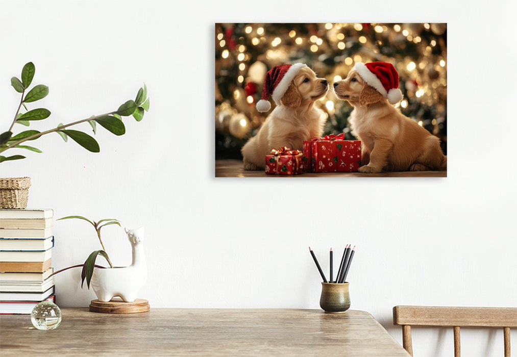 Premium Textil-Leinwand Golden Retriever - Magische Weihnachtsmomente
