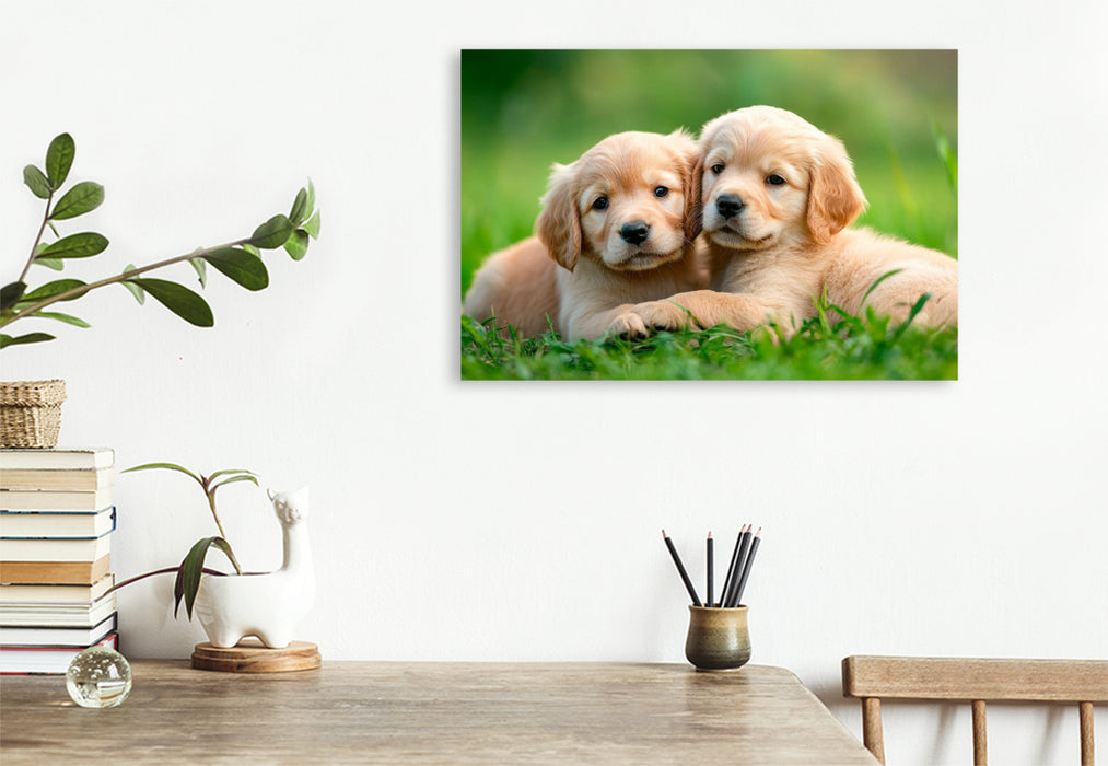 Premium Textil-Leinwand Golden Retriever Freunde fürs leben