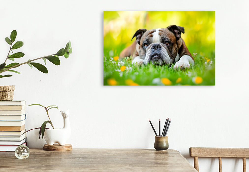 Premium Textil-Leinwand Englische Bulldogge genießt die Natur