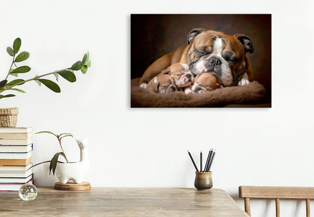 Premium Textil-Leinwand Süße Englische Bulldoggen Familie