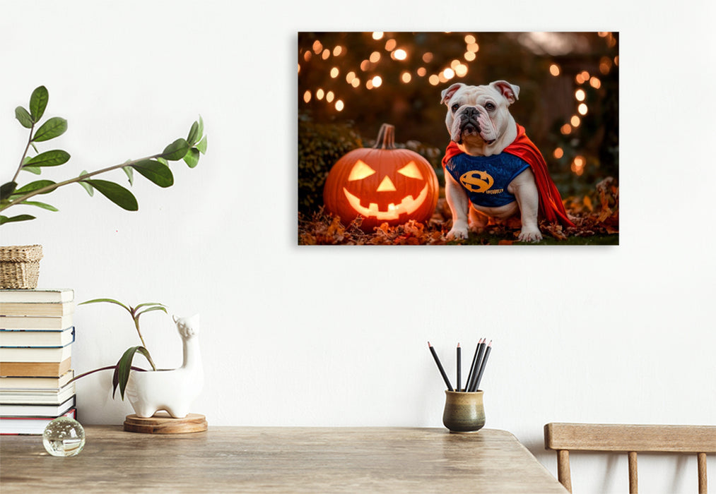 Premium Textil-Leinwand Englische Bulldogge als Halloween Superheld