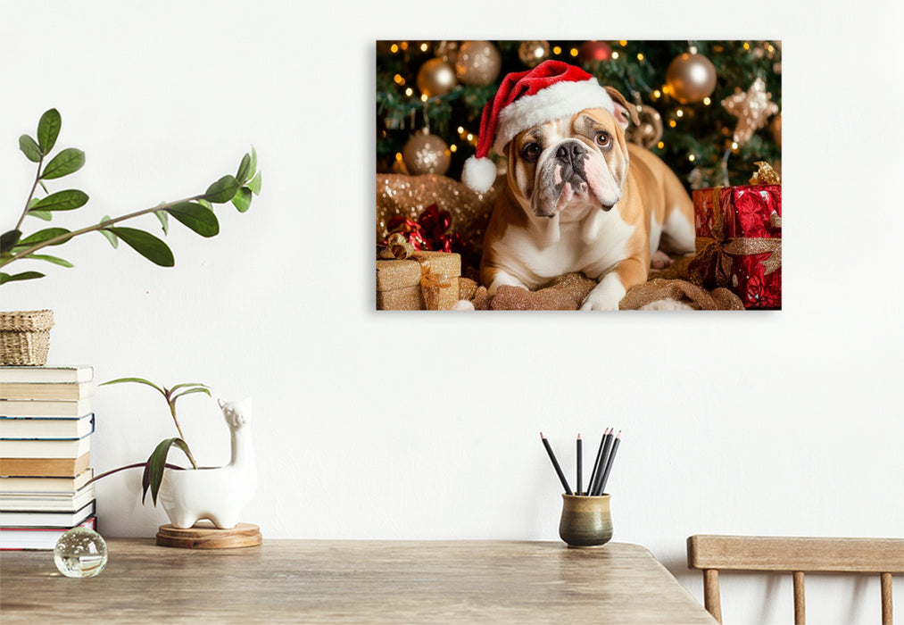 Premium Textil-Leinwand Englische Bulldogge im Weihnachtszauber