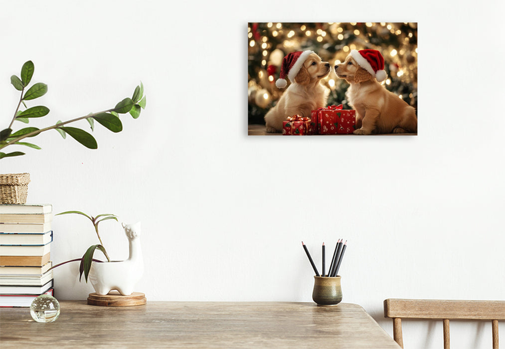 Premium Textil-Leinwand Golden Retriever - Magische Weihnachtsmomente