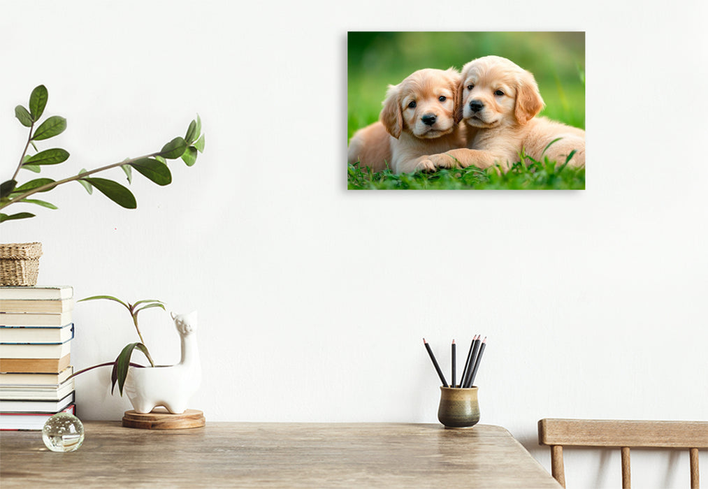 Premium Textil-Leinwand Golden Retriever Freunde fürs leben