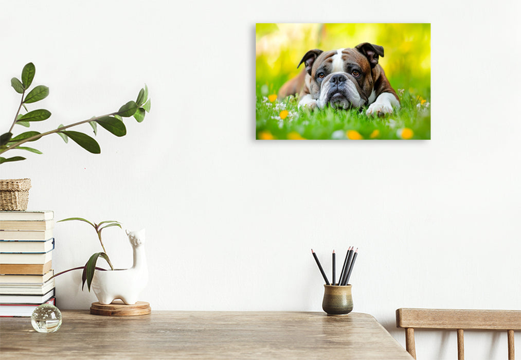 Premium Textil-Leinwand Englische Bulldogge genießt die Natur