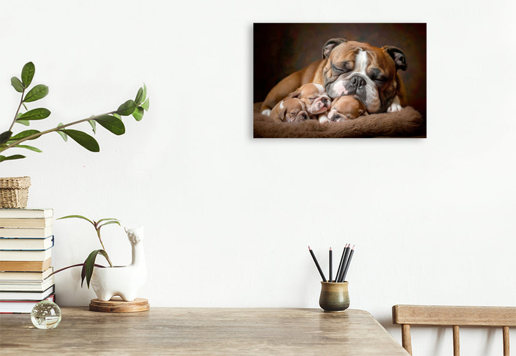 Premium Textil-Leinwand Süße Englische Bulldoggen Familie