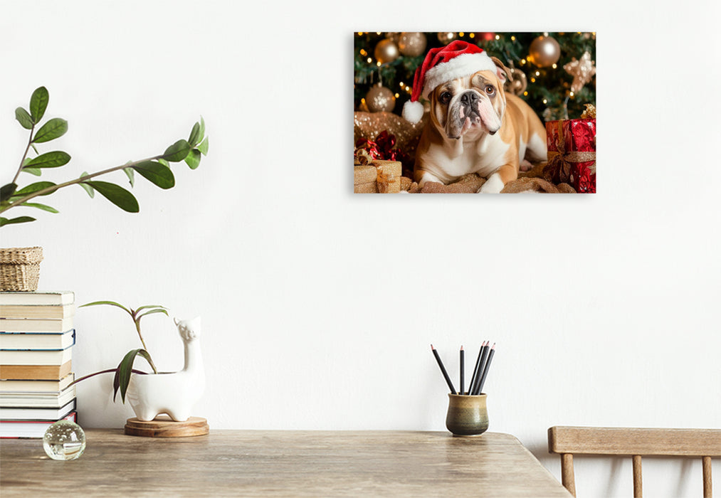 Premium Textil-Leinwand Englische Bulldogge im Weihnachtszauber