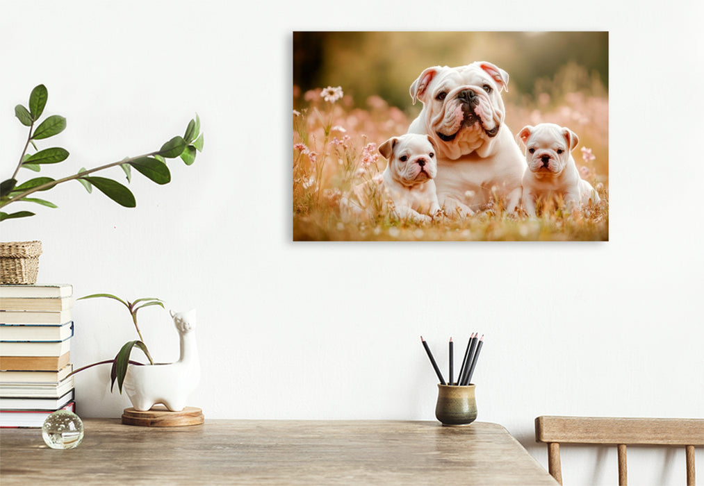 Premium Textil-Leinwand Süße Englische Bulldoggenfamilie