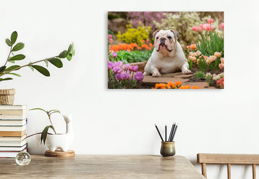 Premium Textil-Leinwand Englische Bulldogge im Frühlingsgarten
