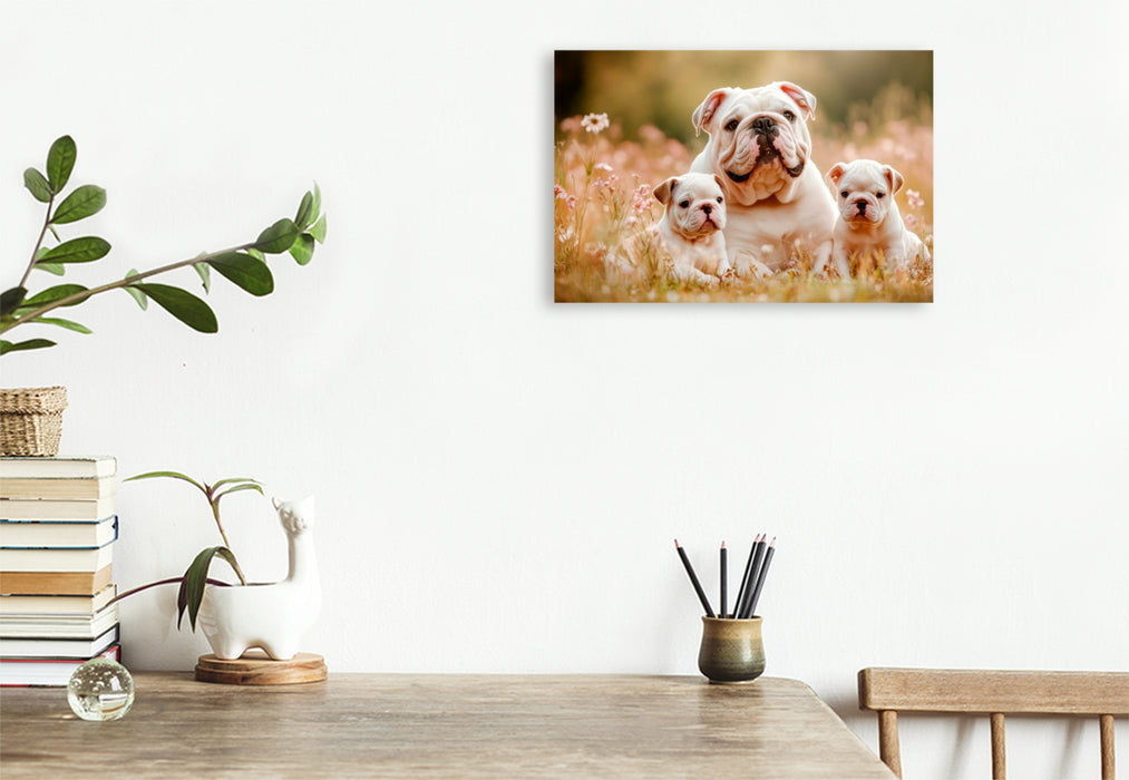 Premium Textil-Leinwand Süße Englische Bulldoggenfamilie