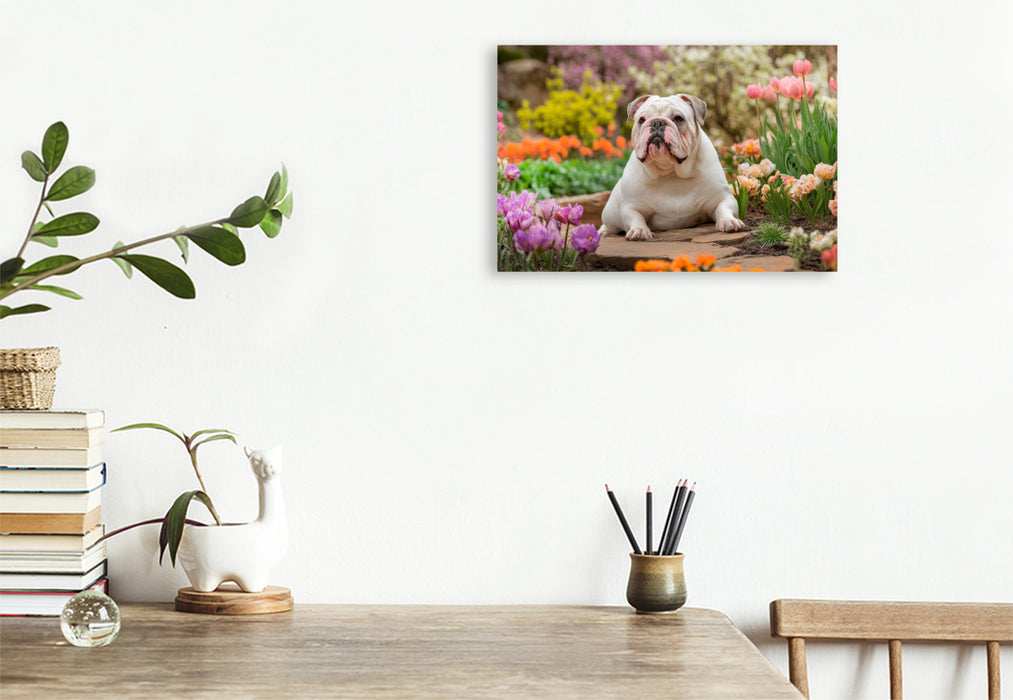 Premium Textil-Leinwand Englische Bulldogge im Frühlingsgarten