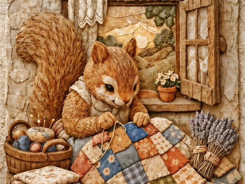 Stiche voller Geborgenheit - Eichhörnchen beim Sticken - CALVENDO Foto-Puzzle'
