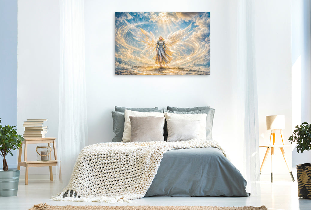 Premium Textil-Leinwand Engel Puzzle Leuchtende Himmelsfigur auf Strahlender Gebirgskuppe