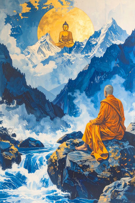 Premium Textil-Leinwand Begegnung am Wasser - Mönch in Tibet