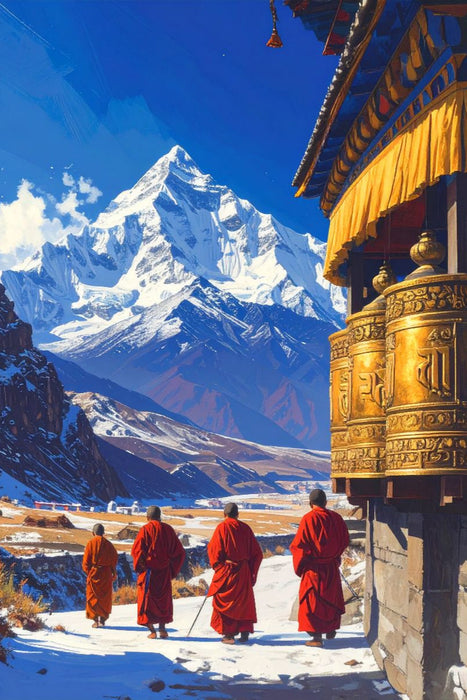 Premium Textil-Leinwand Der Weg der Gebetsmühlen - Mönche in Tibet