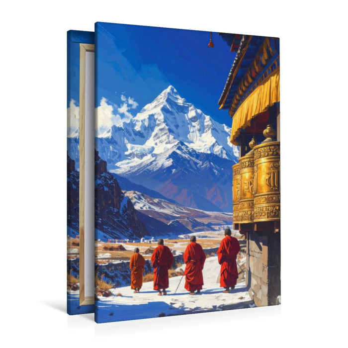 Premium Textil-Leinwand Der Weg der Gebetsmühlen - Mönche in Tibet