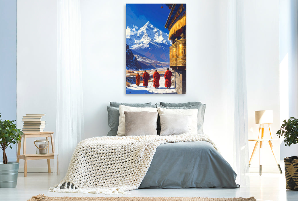 Premium Textil-Leinwand Der Weg der Gebetsmühlen - Mönche in Tibet