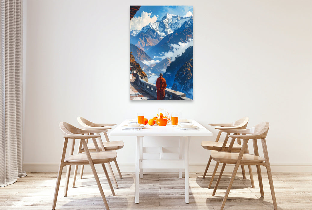 Premium Textil-Leinwand Pfad der Stille - Mönch in Tibet