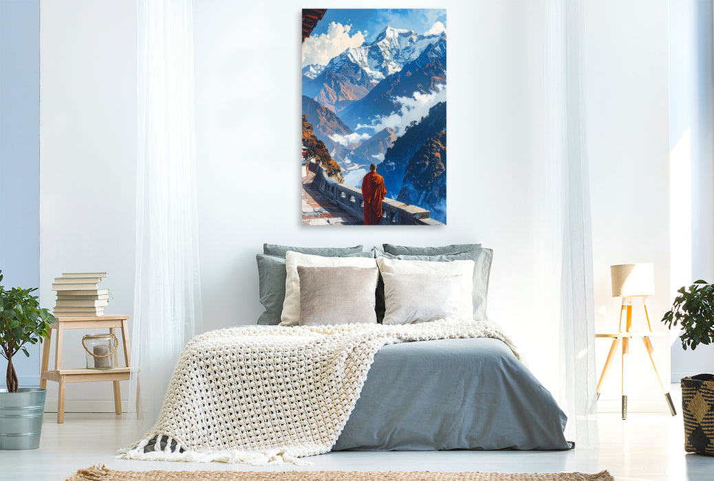 Premium Textil-Leinwand Pfad der Stille - Mönch in Tibet