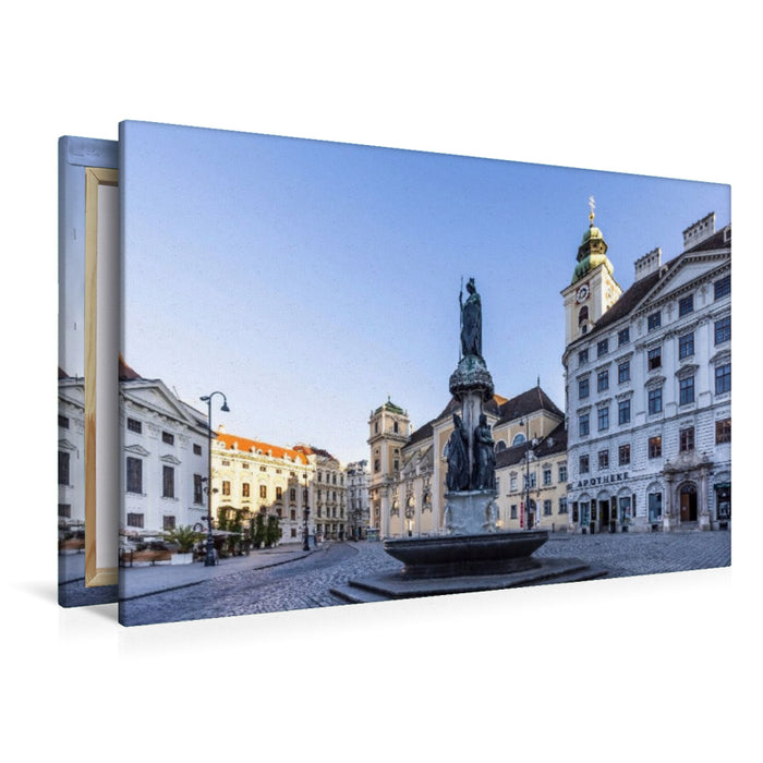 Premium Textil-Leinwand Austriabrunnen und Schottenkirche auf dem Platz Freyung in Wien