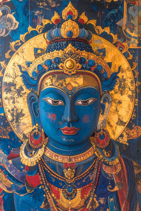 Premium Textil-Leinwand Buddha in Blau und Gold