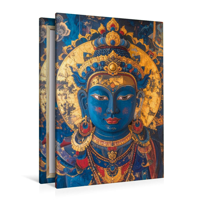 Premium Textil-Leinwand Buddha in Blau und Gold