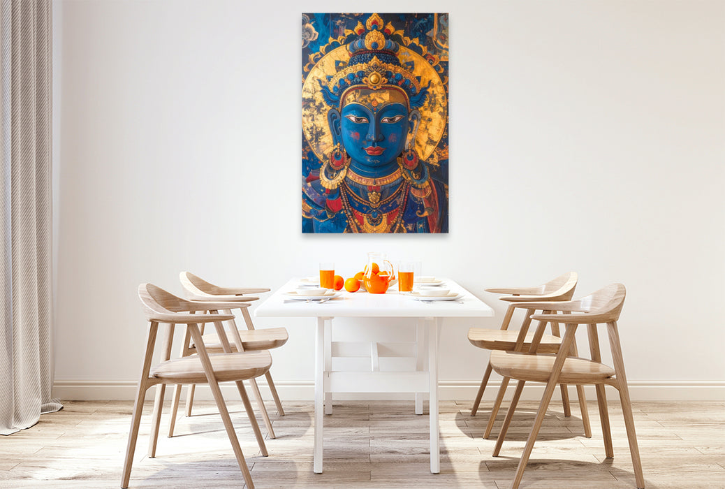 Premium Textil-Leinwand Buddha in Blau und Gold