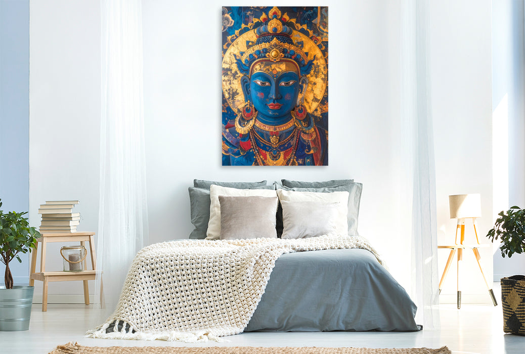 Premium Textil-Leinwand Buddha in Blau und Gold
