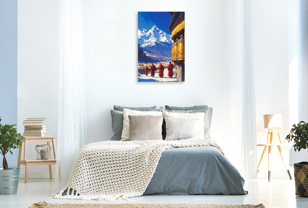 Premium Textil-Leinwand Der Weg der Gebetsmühlen - Mönche in Tibet