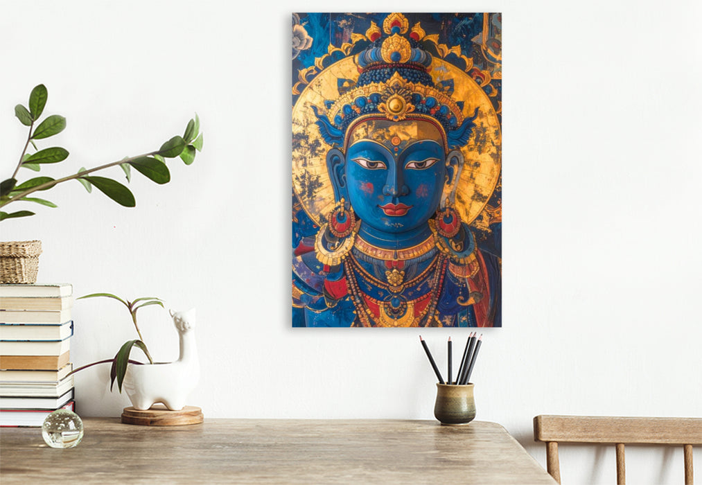 Premium Textil-Leinwand Buddha in Blau und Gold