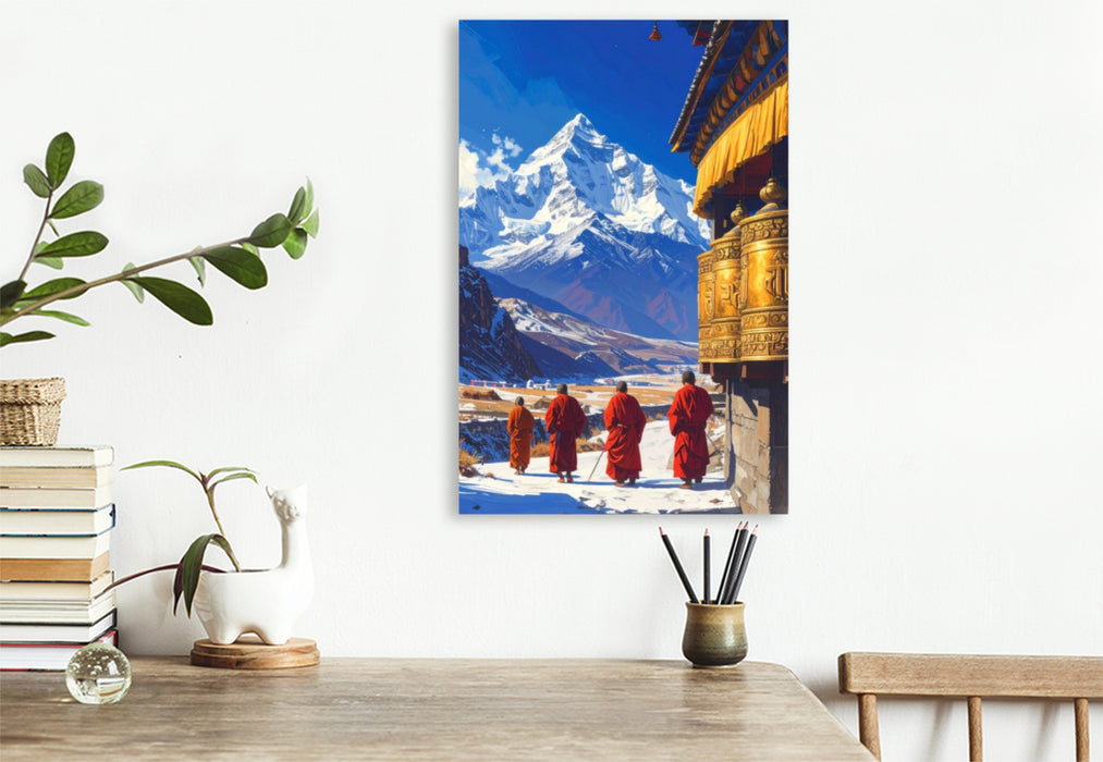 Premium Textil-Leinwand Der Weg der Gebetsmühlen - Mönche in Tibet