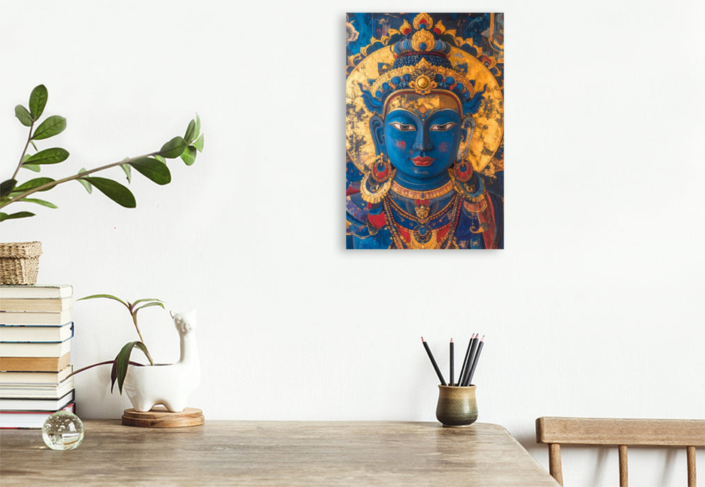 Premium Textil-Leinwand Buddha in Blau und Gold