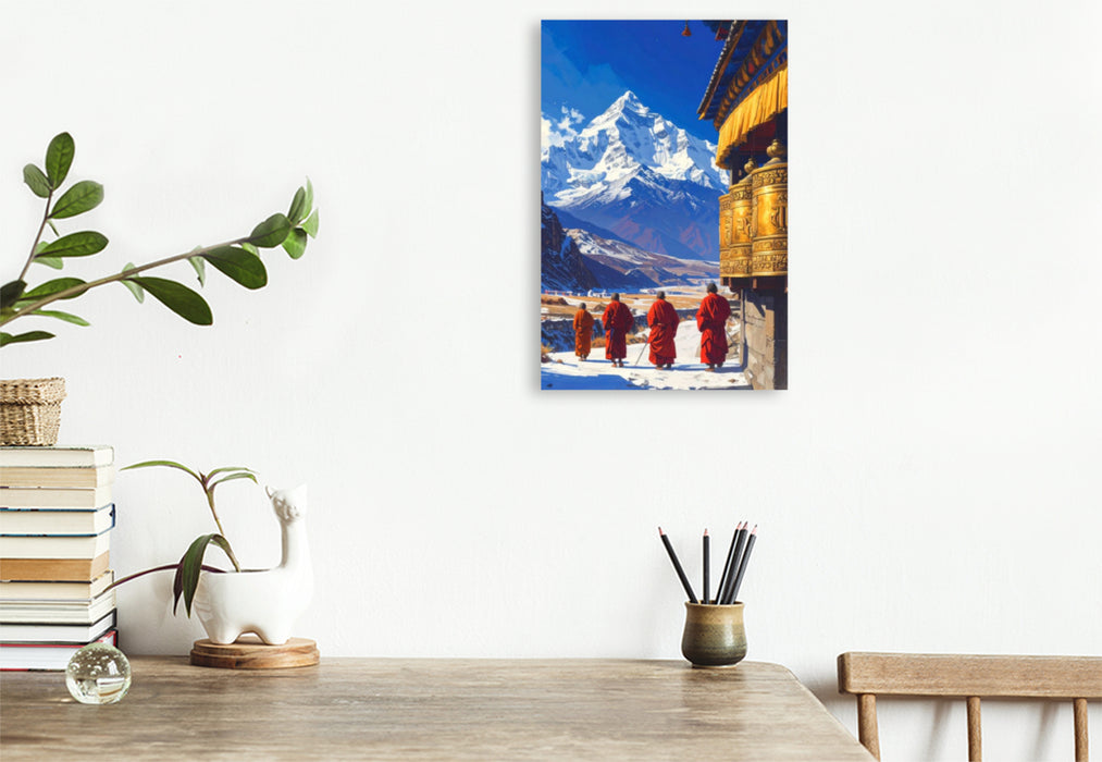 Premium Textil-Leinwand Der Weg der Gebetsmühlen - Mönche in Tibet