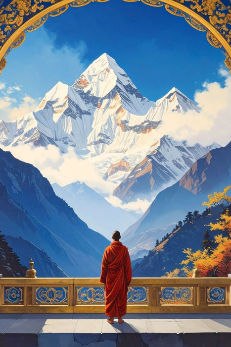Premium Textil-Leinwand Buddhistischer Mönch mit Blick auf den Himalaya
