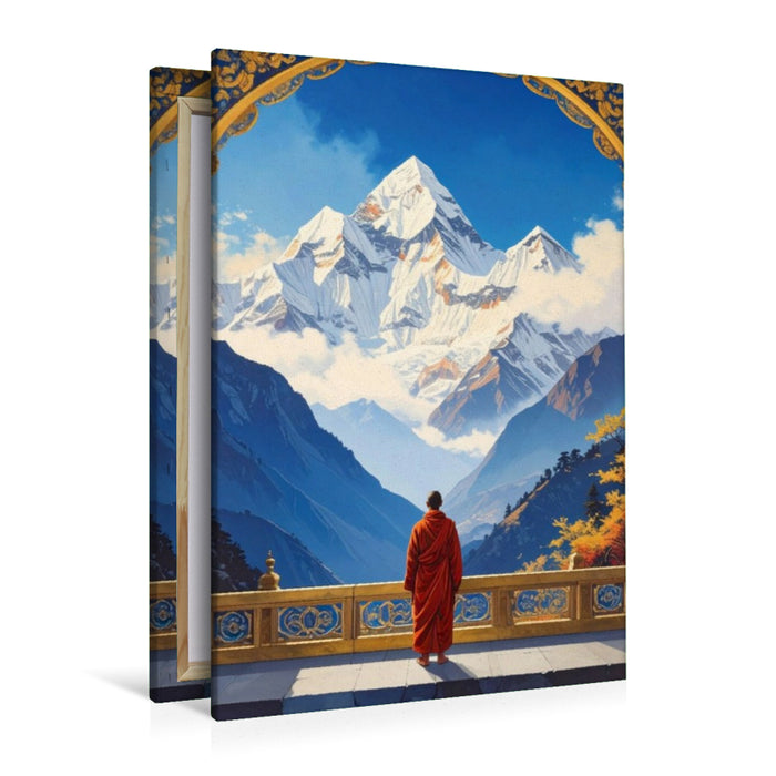 Premium Textil-Leinwand Buddhistischer Mönch mit Blick auf den Himalaya