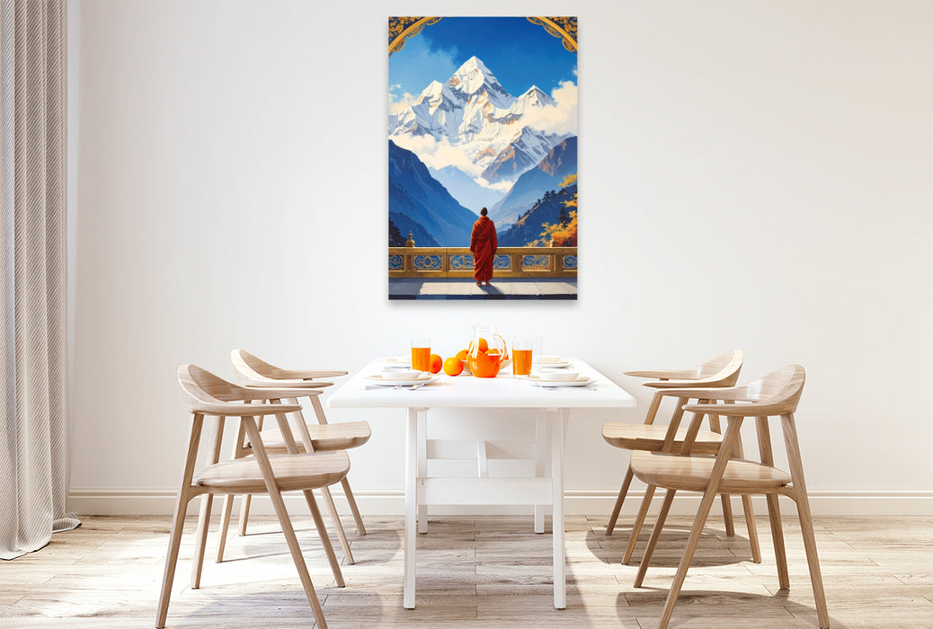 Premium Textil-Leinwand Buddhistischer Mönch mit Blick auf den Himalaya