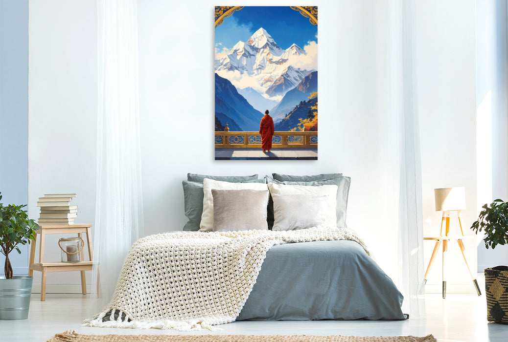 Premium Textil-Leinwand Buddhistischer Mönch mit Blick auf den Himalaya